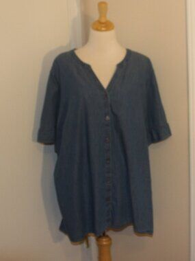 Kim Rogers Curvy Plus Size 3X Short Sleeve Button Front Denim Shirt Top